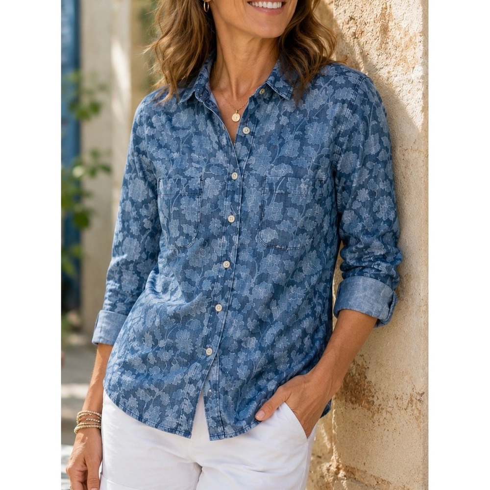 LOFT Women Softened Shirt Blue S Floral Cotton Button Down Long Sleeve Chambray